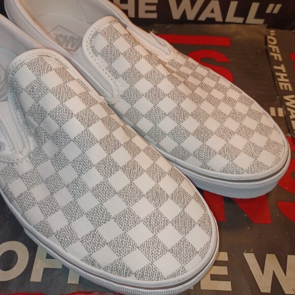 Vans Men's 11.5 Checkered Slip-On Metallic True White VN000CT5W00 Checkerboard - Picture 2 of 13